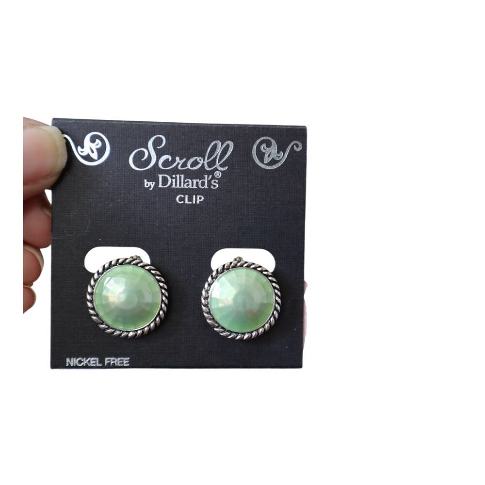 Scroll Dillards Clip on earrings Green Stone Cabochons Silver Rope Button Stud